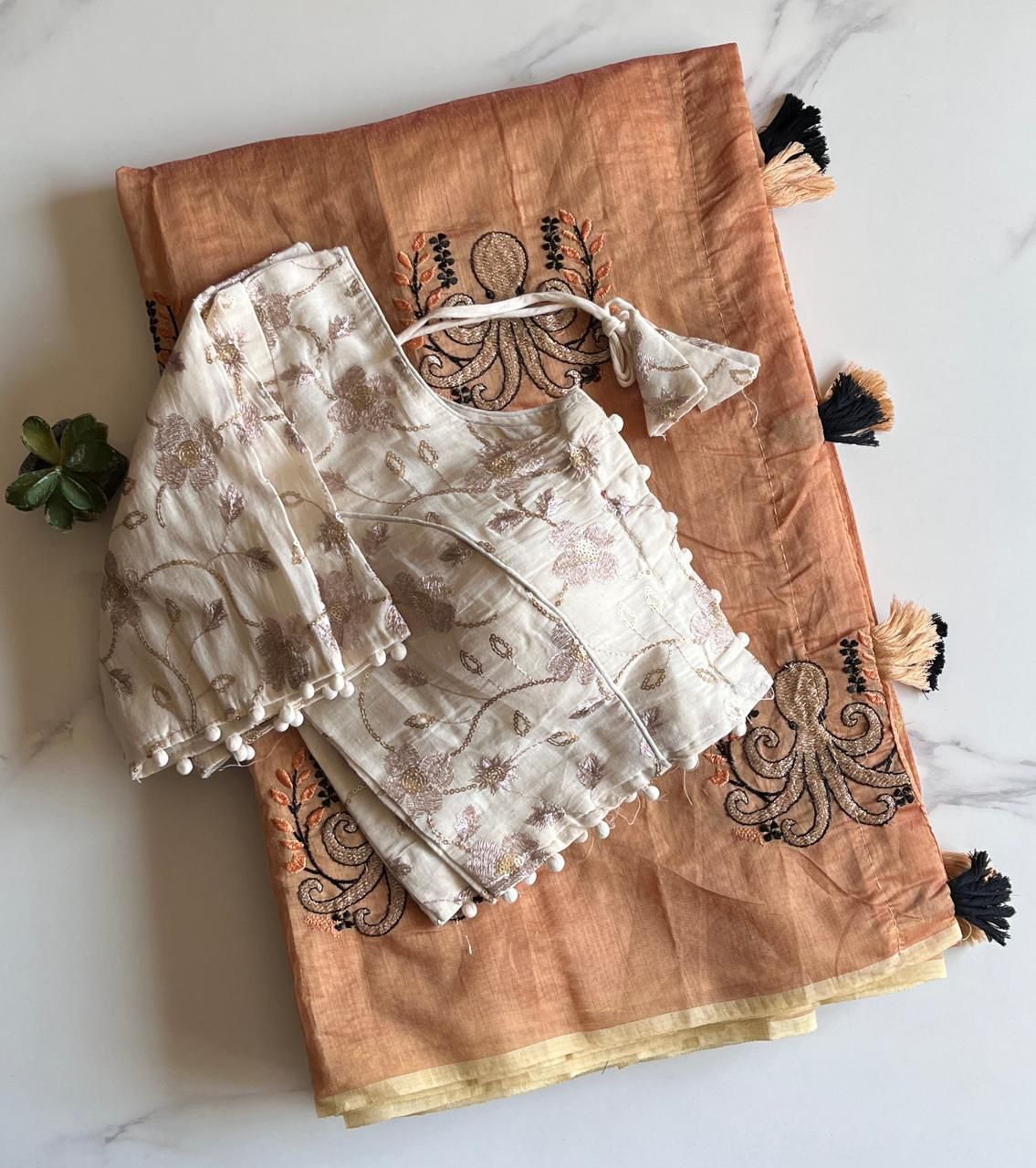 Octopus embroidery saree with stitched blouse