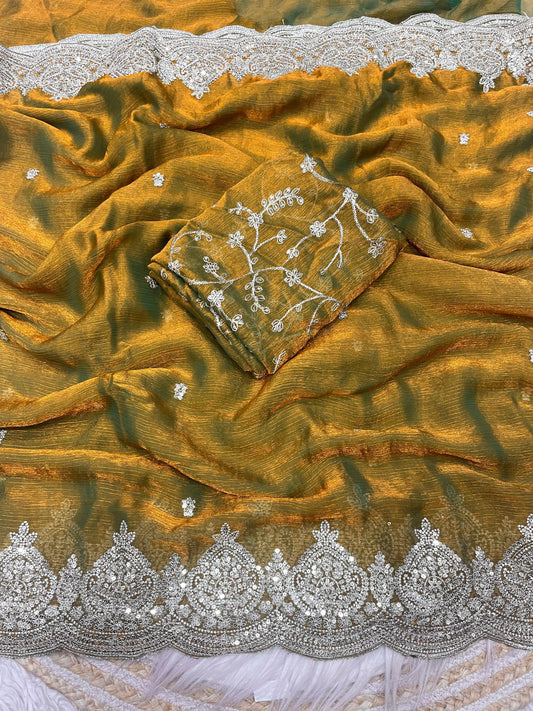 Fendi chiffon  budget saree with sequence work