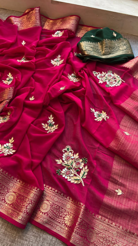 Hand work saree with contrast blouse