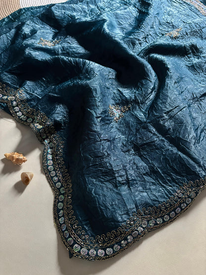 New gold crush saree with stitched blouse