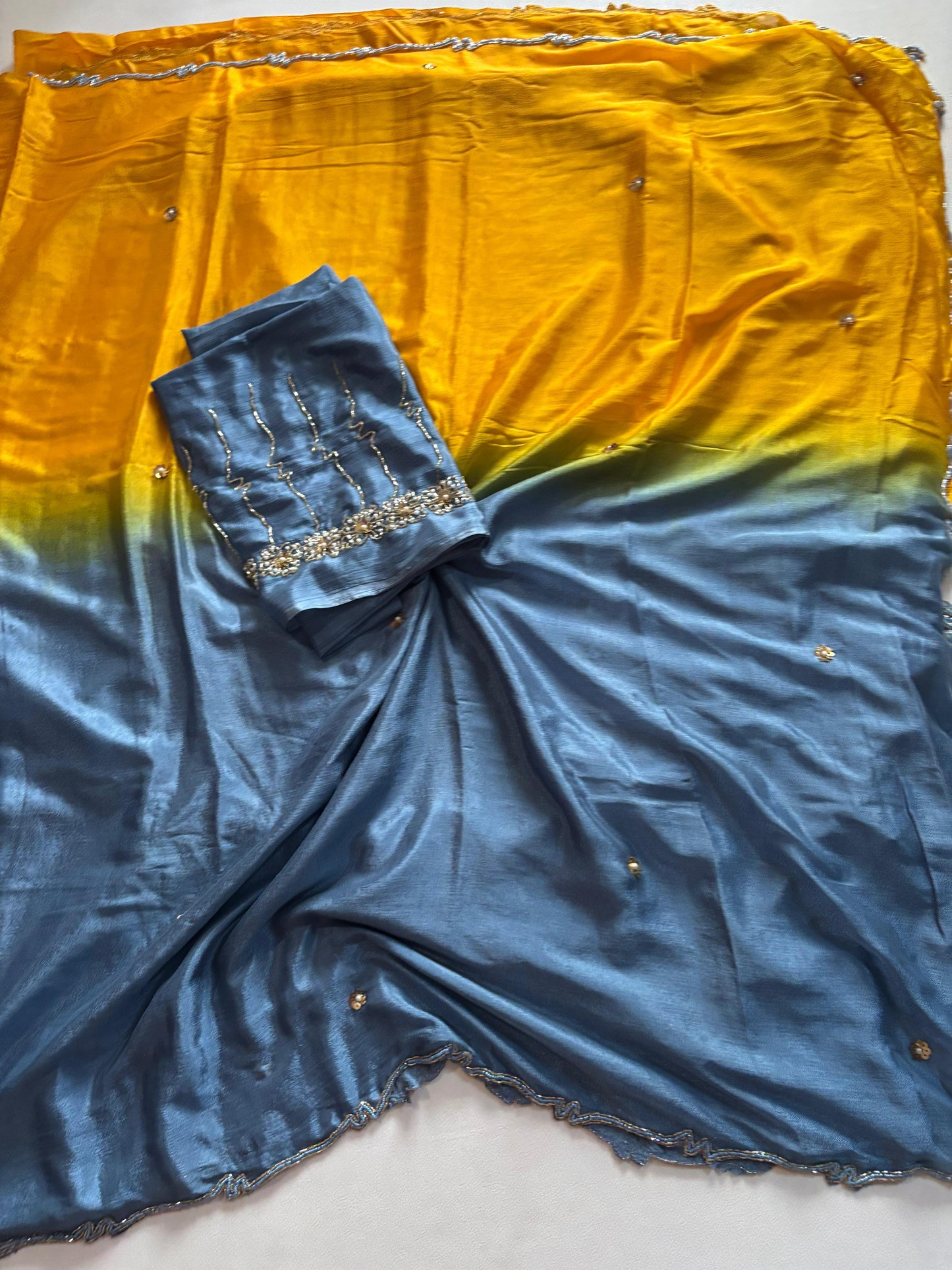 Trendy dyeing Chinon two shades with 3 layers curdana sarees