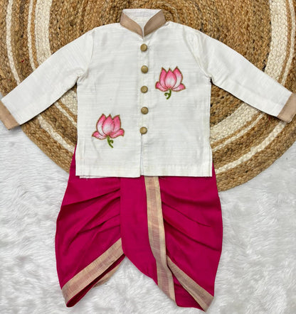 Lotus Motif Kurta Dhoti Set for Boys