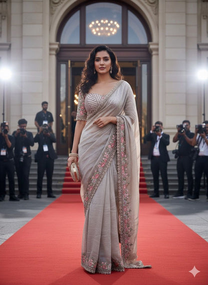 Ivory 1 min saree with fully stitched blouse