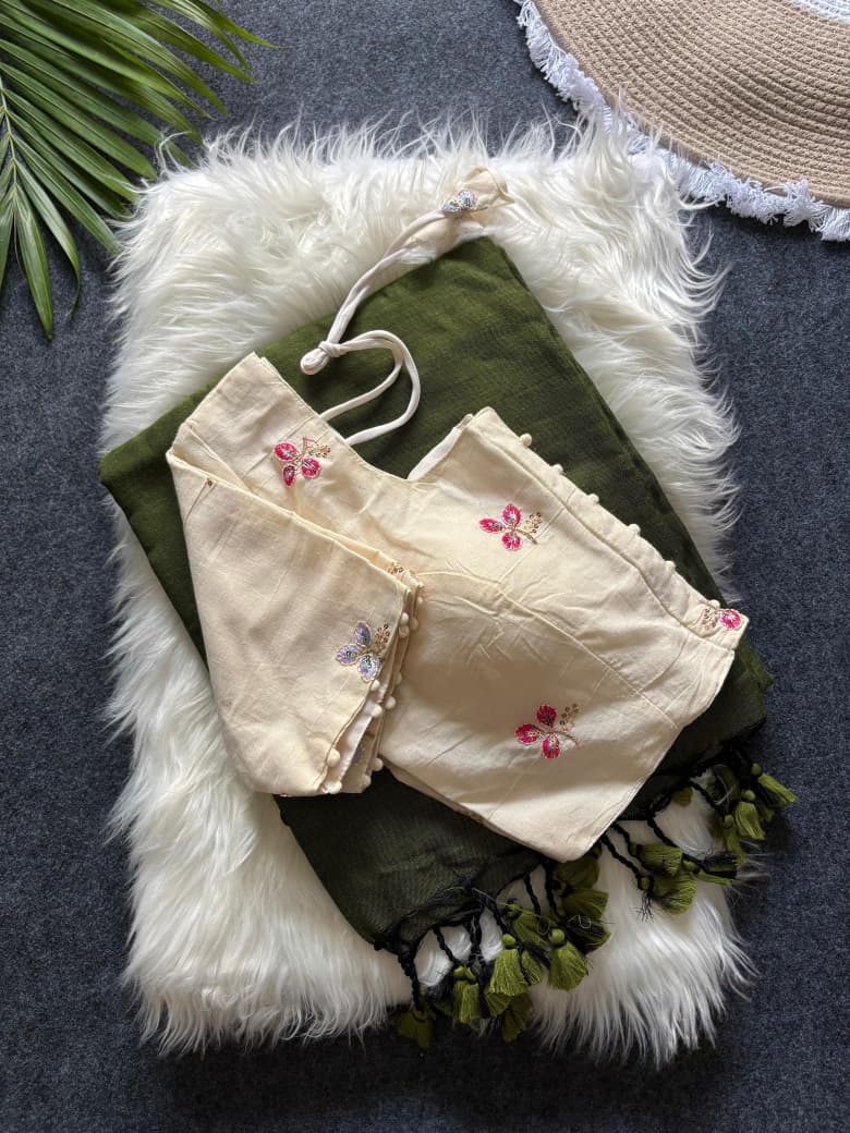 Khadi Cotton  saree with fully stitched Embroidery Blouse