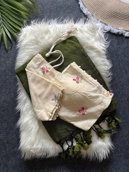 Khadi Cotton  saree with fully stitched Embroidery Blouse