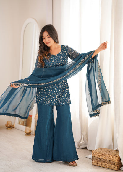 Crunchy Silk Fabric With Embroidery Sequence kurti sets model
