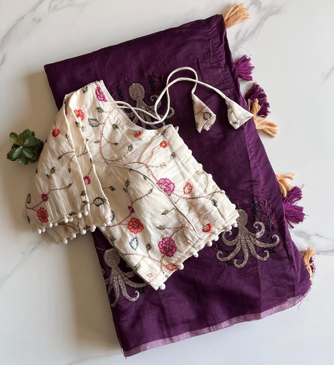 Octopus embroidery saree with stitched blouse