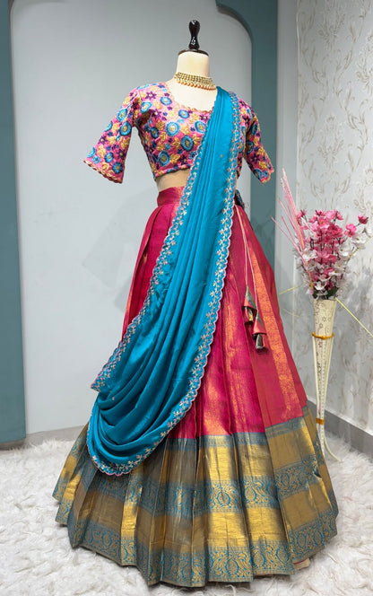 Embroidery Work Blouse With Kanchipattu silk Lehenga