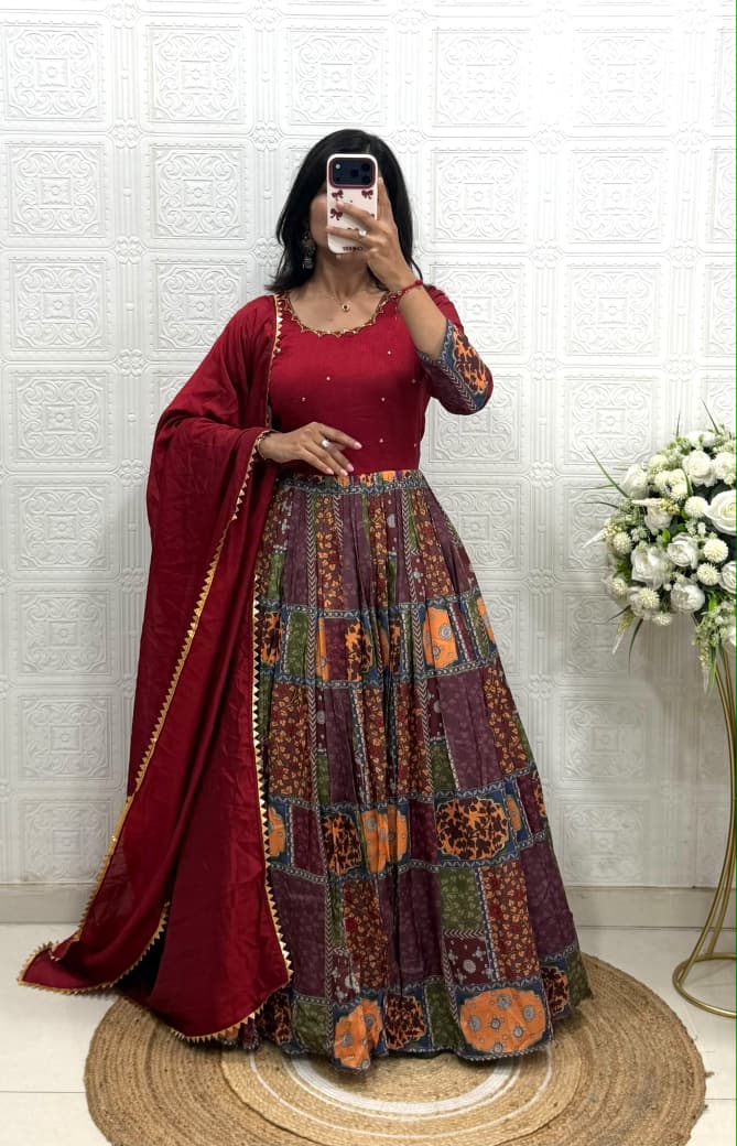 Vichitra silk with muslin handwork cafe gowns