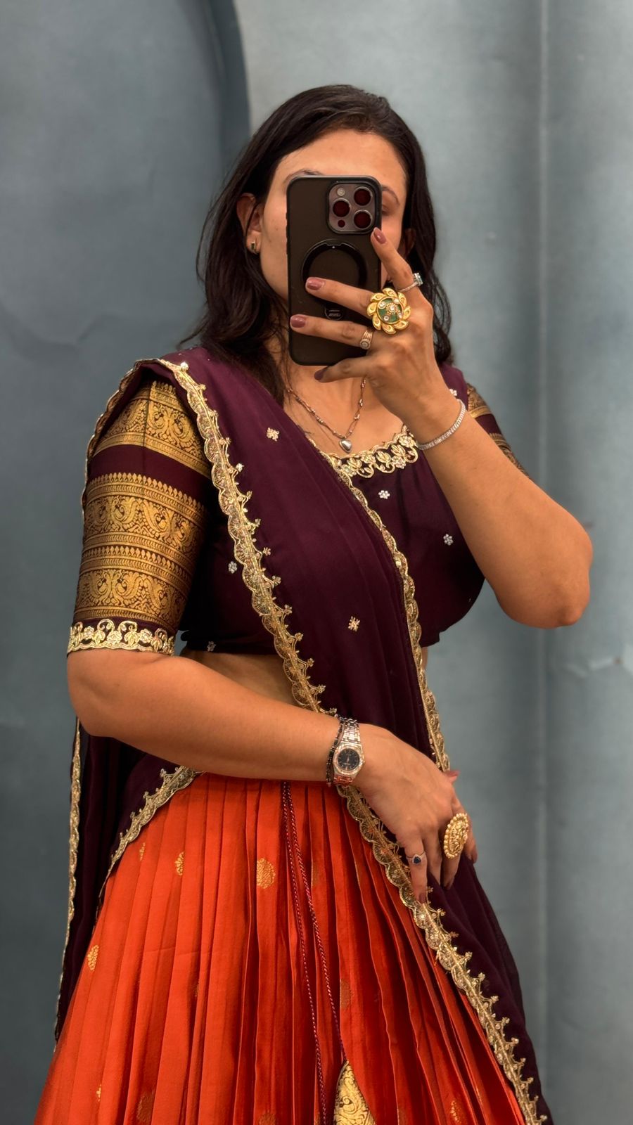 Kanchipuram Orange Trendy Aesthetic Designer Lehenga