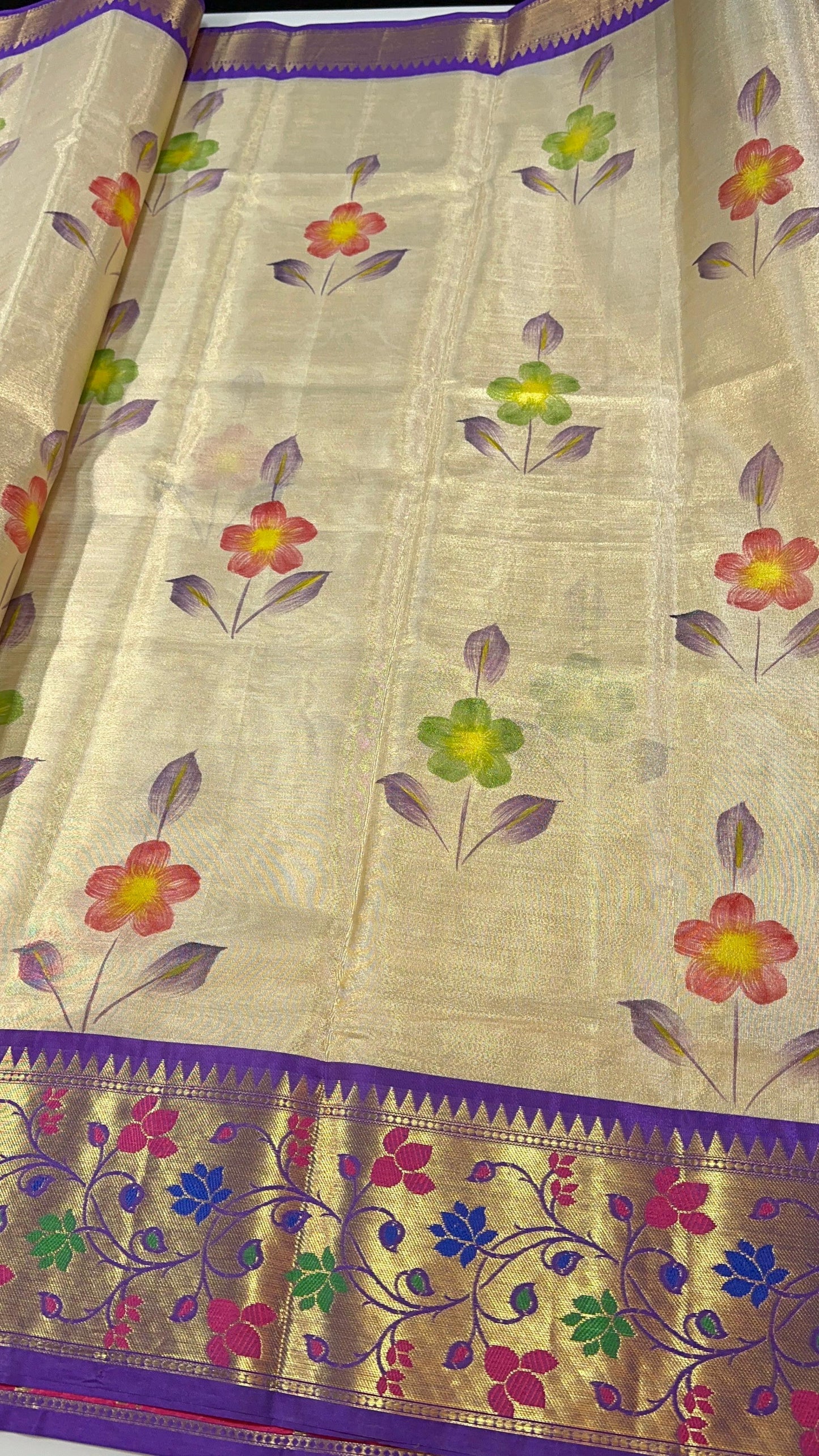 Semi pattu soft tissue weaving Paithani hand painted saree
