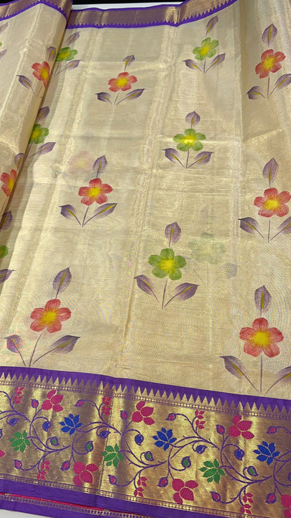 Semi pattu soft tissue weaving Paithani hand painted saree