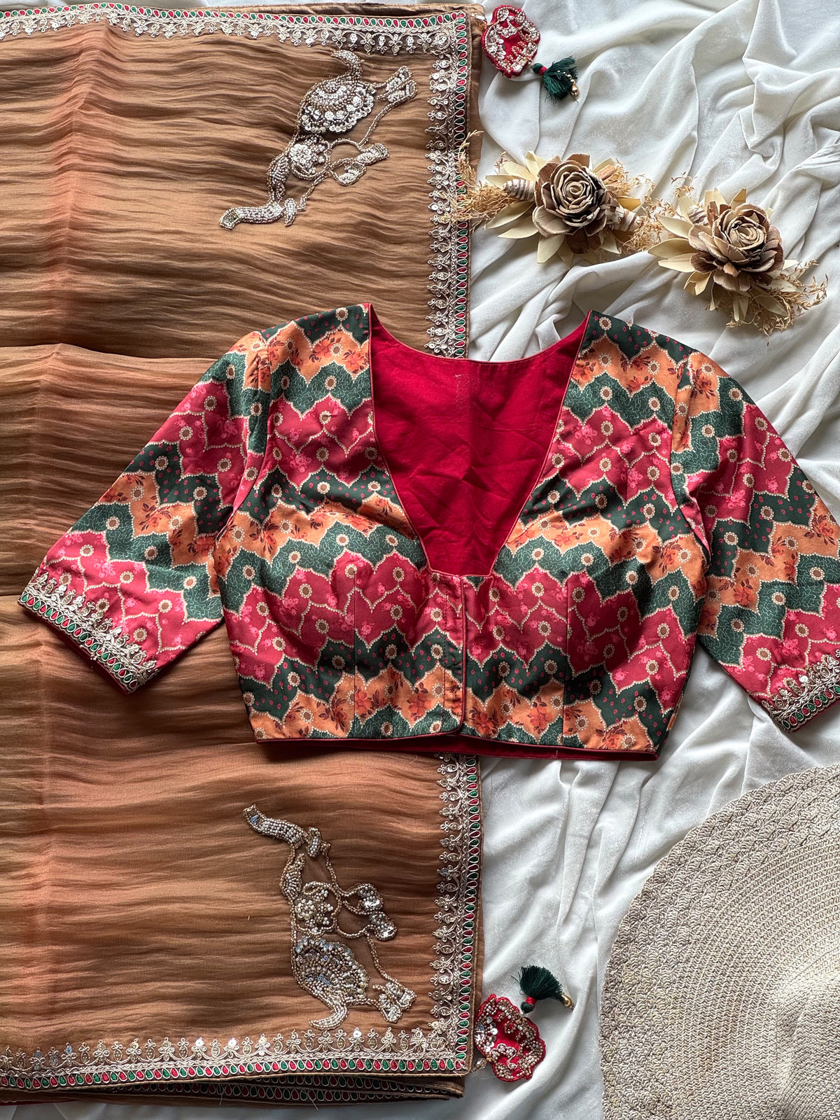 Crunchy silk rustic elephant saree with stitched blouse