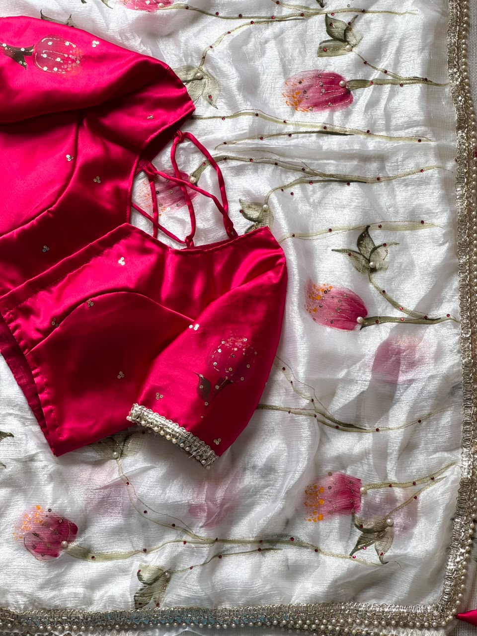 Crystal chiffon saree with stitched blouse