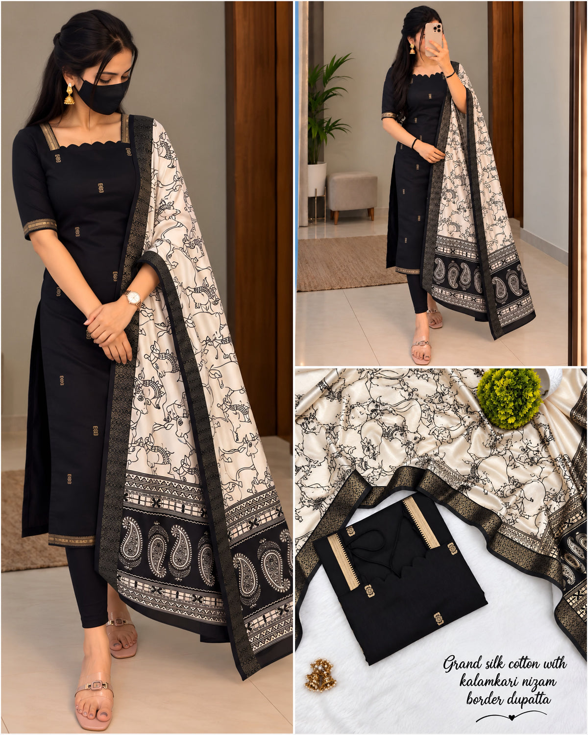 Mangalagiri Butta Silk cotton Top with Chennuri Silk Kalamkari Dupatta kurti sets