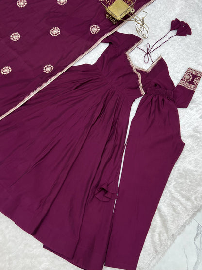 Pure Roman Chanderi Silk Fabric Fully Flare Angrakha Style Anarkali