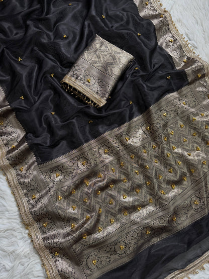 Banarasi Tissue Zari Weaving Border Saree  ghungroo work