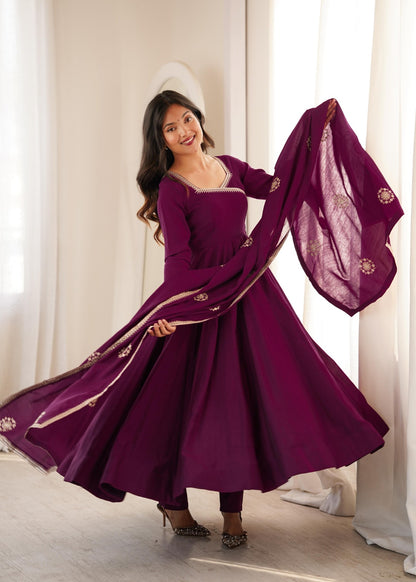Pure Roman Chanderi Silk Fabric Fully Flare Angrakha Style Anarkali