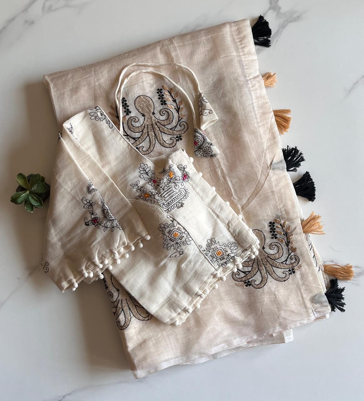 Octopus embroidery saree with stitched blouse