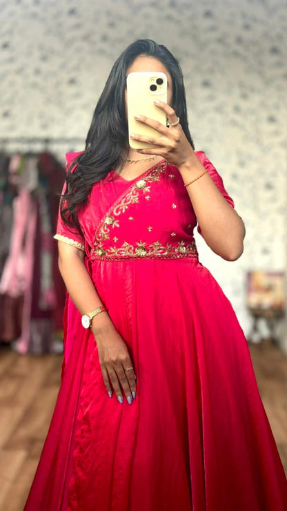 Pink Maggam fusion long Gowns