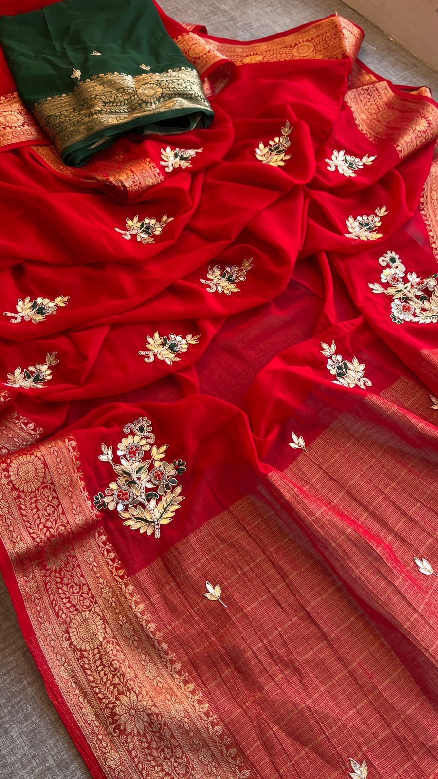 Hand work saree with contrast blouse