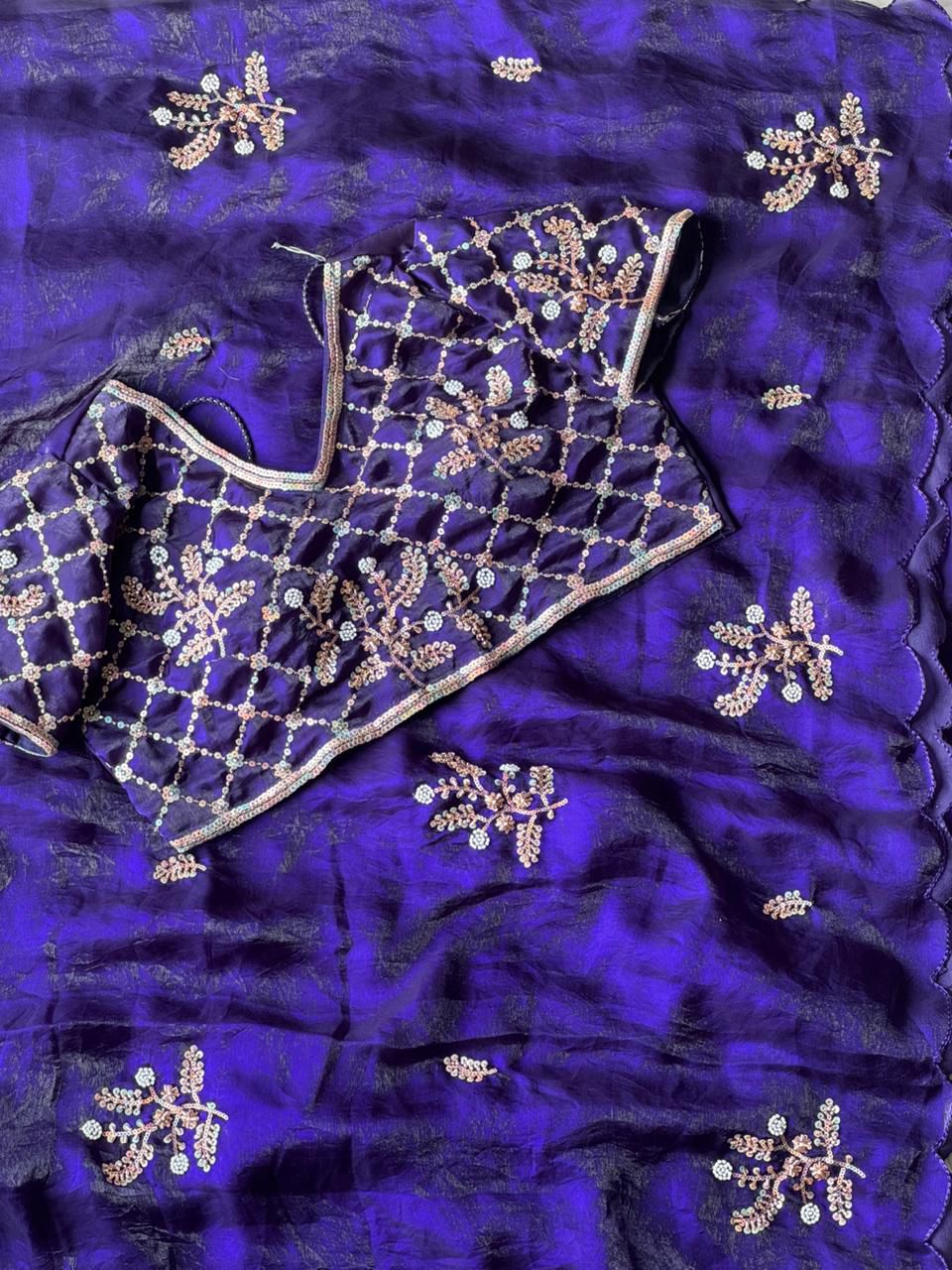 Soft silk with beads flower work saree with stitched blouse