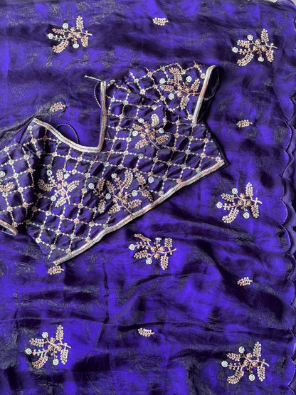 Soft silk with beads flower work saree with stitched blouse