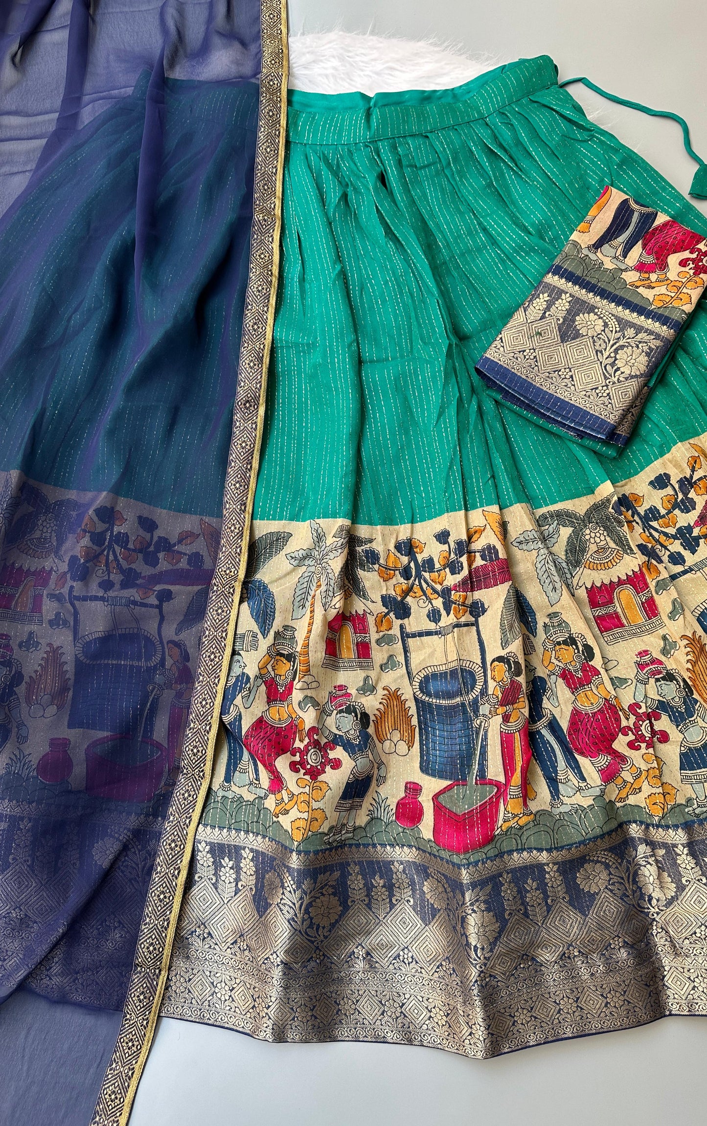 Kalmkari Printed  Chanderi Unstitched Lehenagas