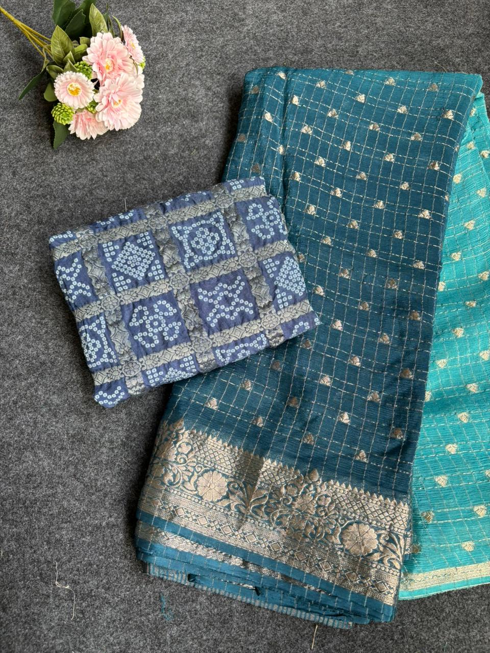 2d shade vintage Chinnon saree with Bandhani  style