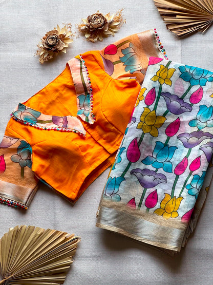 Digital flower saree collar model stitched blouse