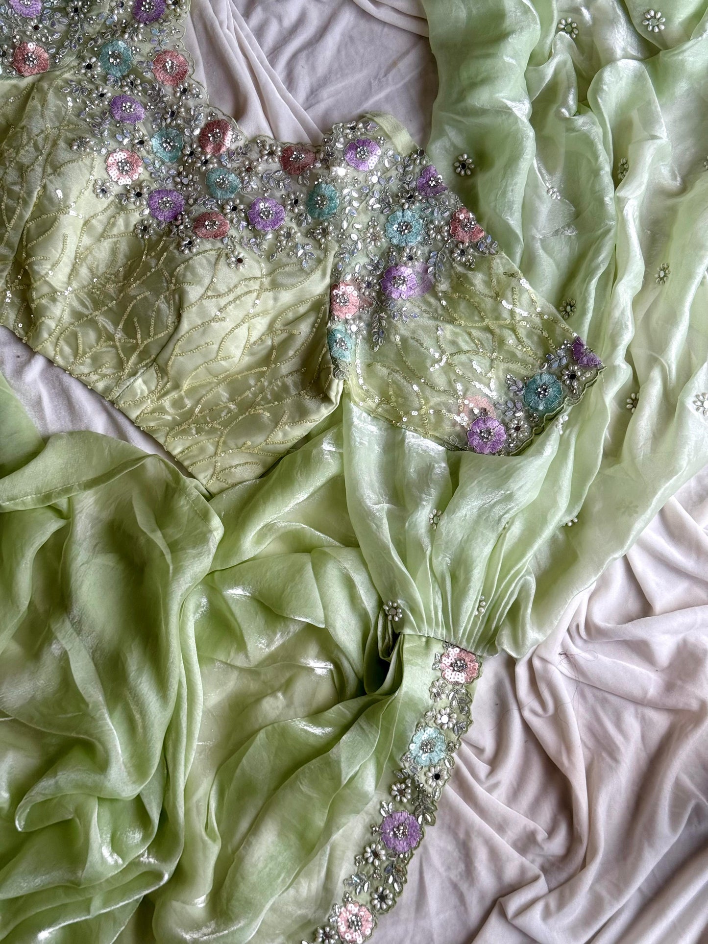 Luxe pista green 1 min saree with stitched blouse