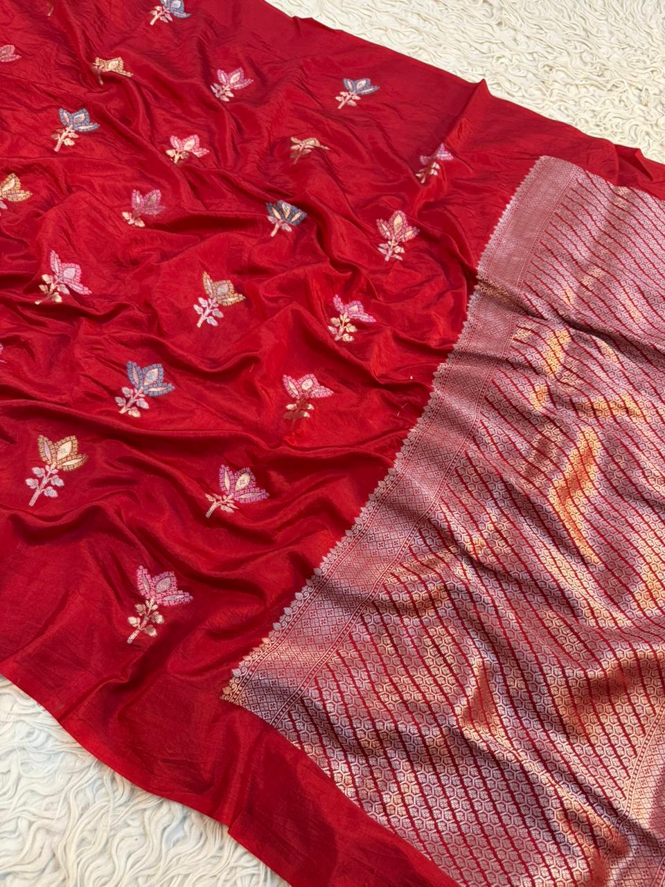 Semi pattu traditional gold zari red minakari  saree
