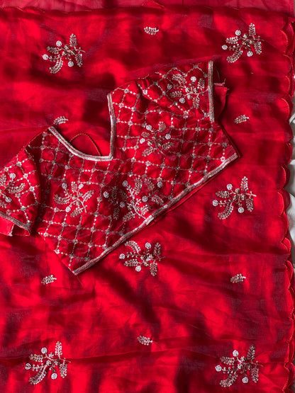Soft silk with beads flower work saree with stitched blouse