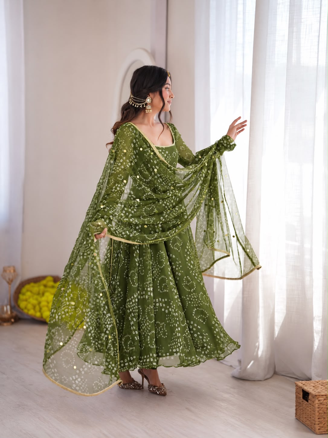 Bandhini style digital printed 3 piece Anarakali sets