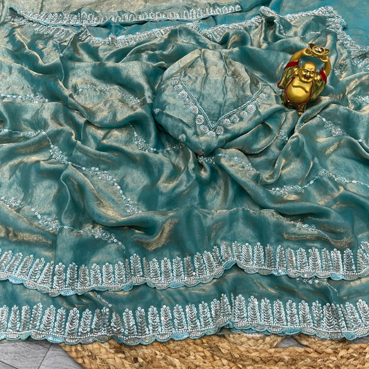 Luxurious Space Silk Saree with Original Beads Handwork