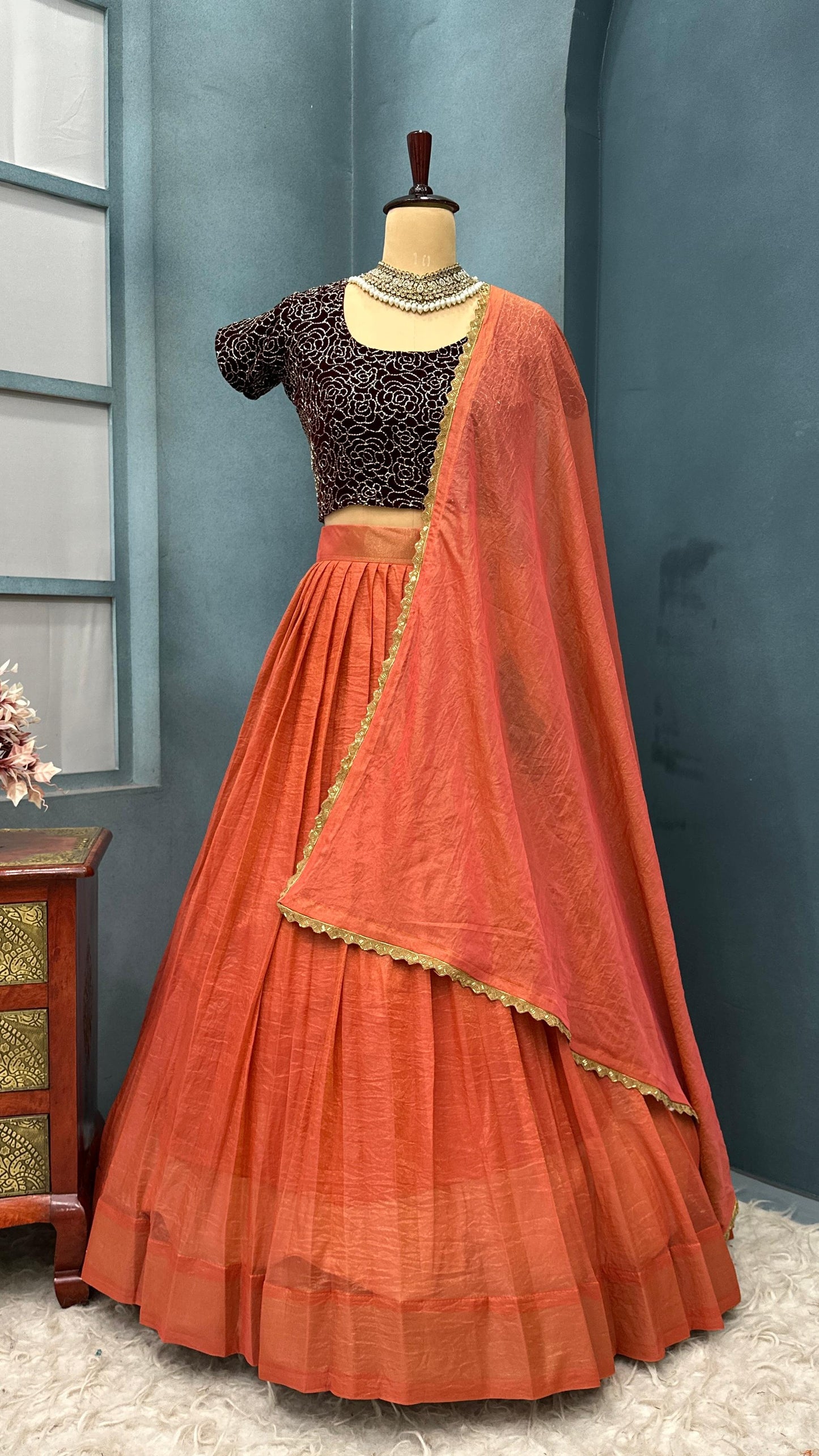 South tissue silk with velvet machine  work lehenga