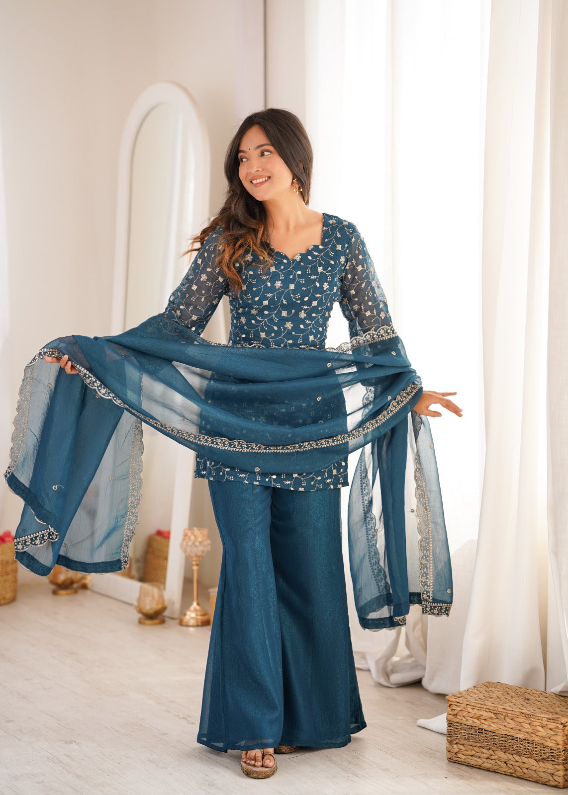 Crunchy Silk Fabric With Embroidery Sequence kurti sets model