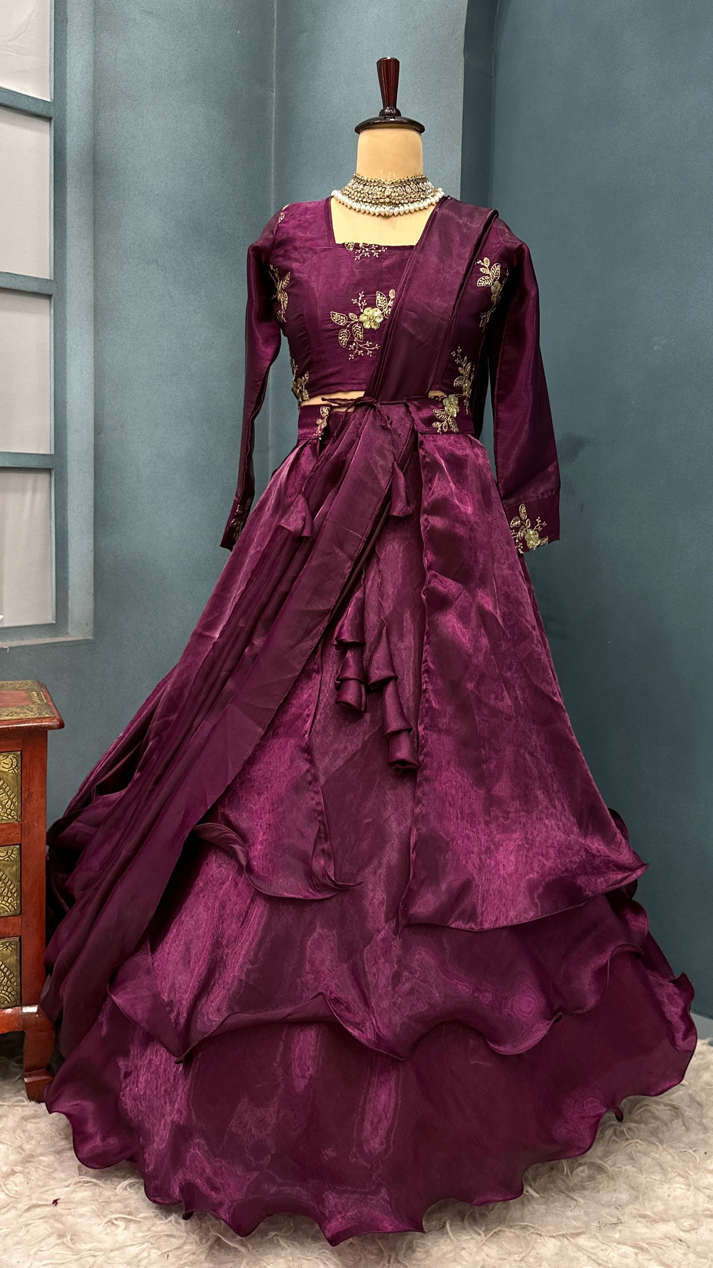 4 in one Burberry satin Peplum Desginer lehenga