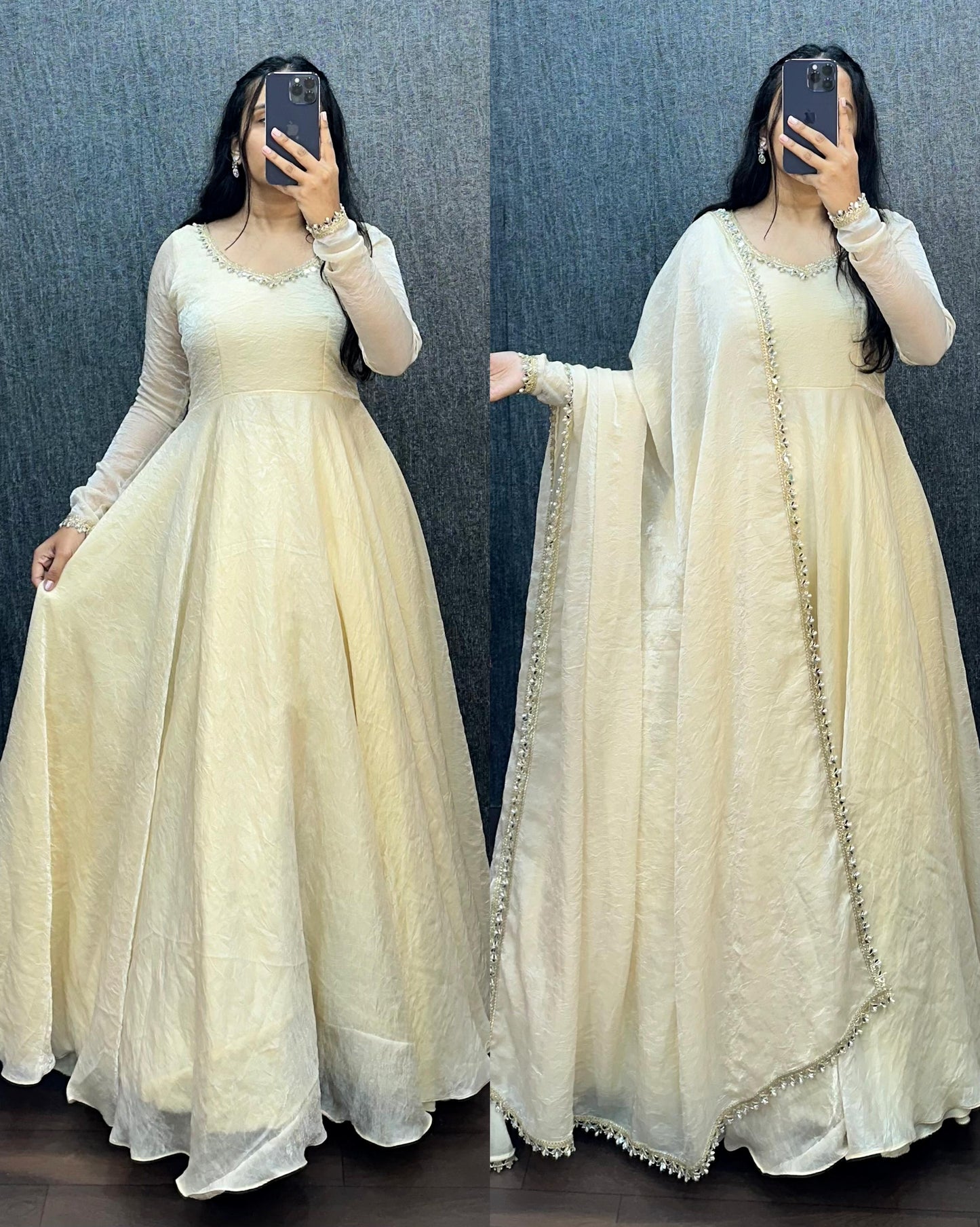 Fendy silk crush mirror lace gowns