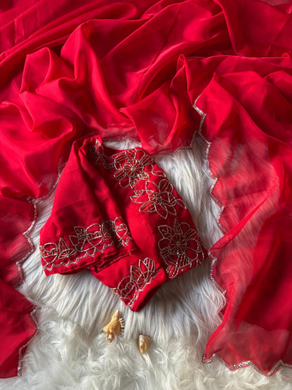 Soft Teby handowrk Saree with stitched blouse