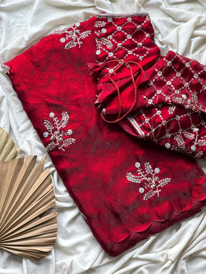 Soft silk with beads flower work saree with stitched blouse