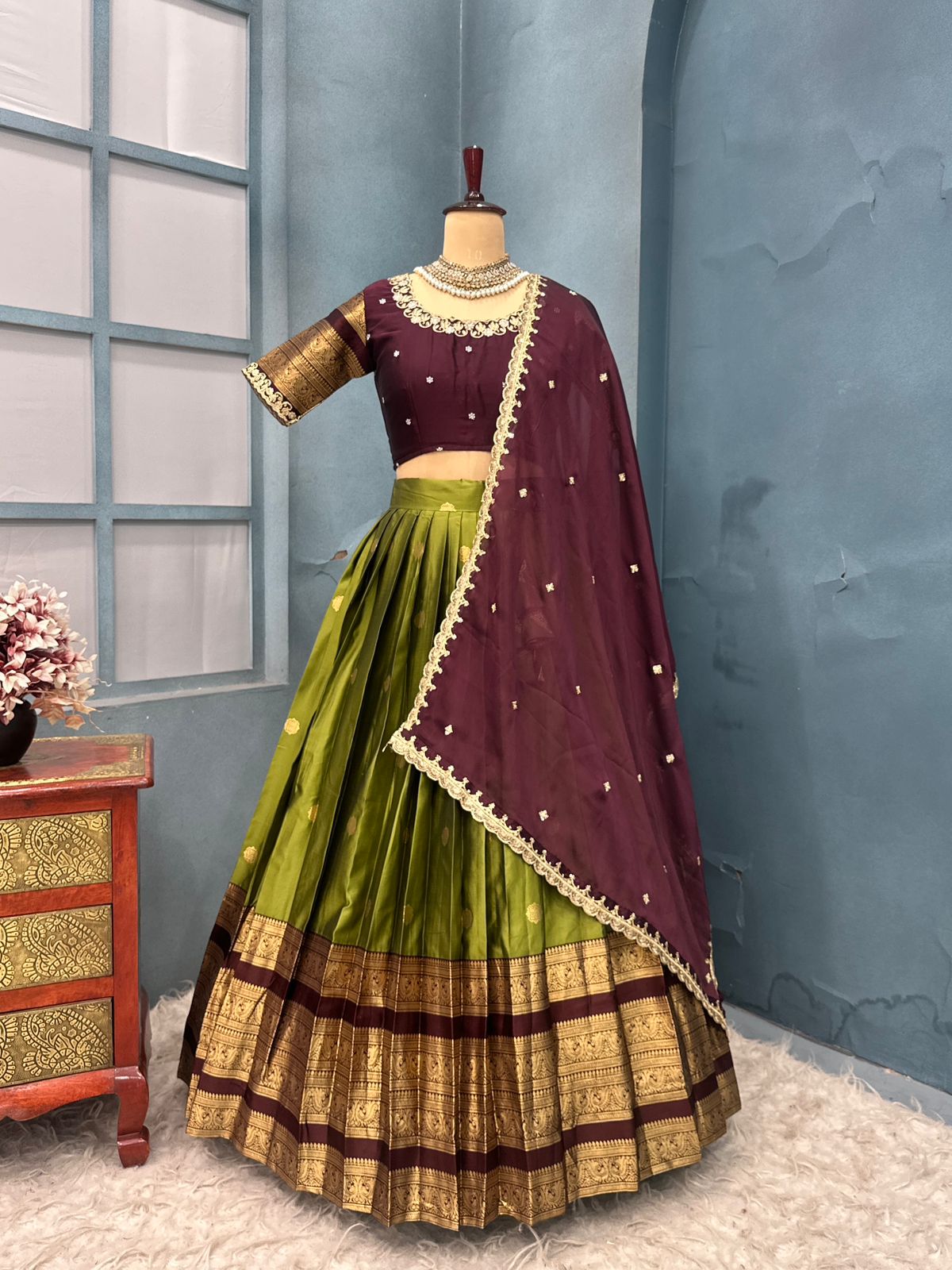 Kanchipuram Designer Green Aesthetic Lehenga