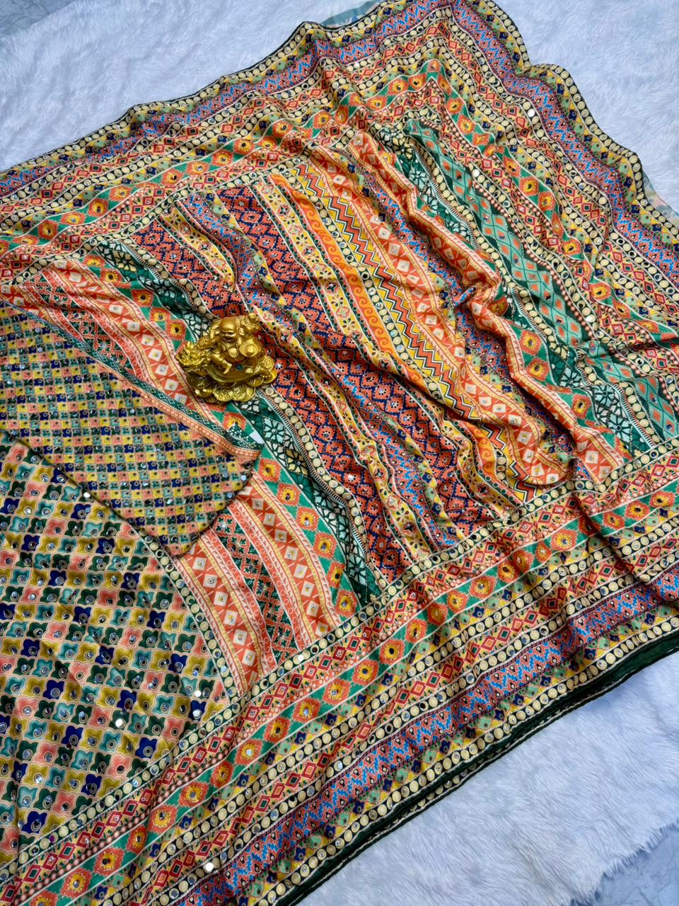 Trendy soft Chinnon mirror sarees