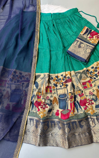 Kalmkari Printed  Chanderi Unstitched Lehenagas