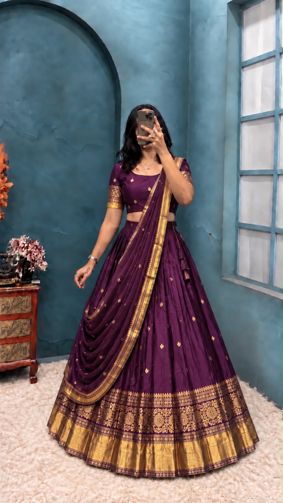 Kanchipattu  silk full stitched Lehenga blooming rangoli designer lehenga