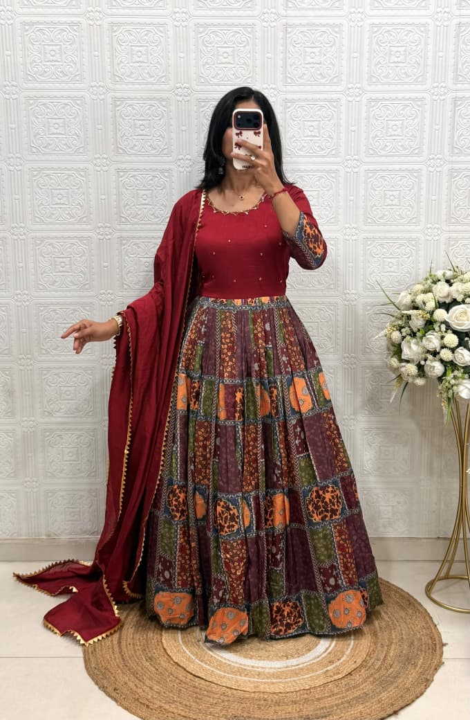 Vichitra silk with muslin handwork cafe gowns