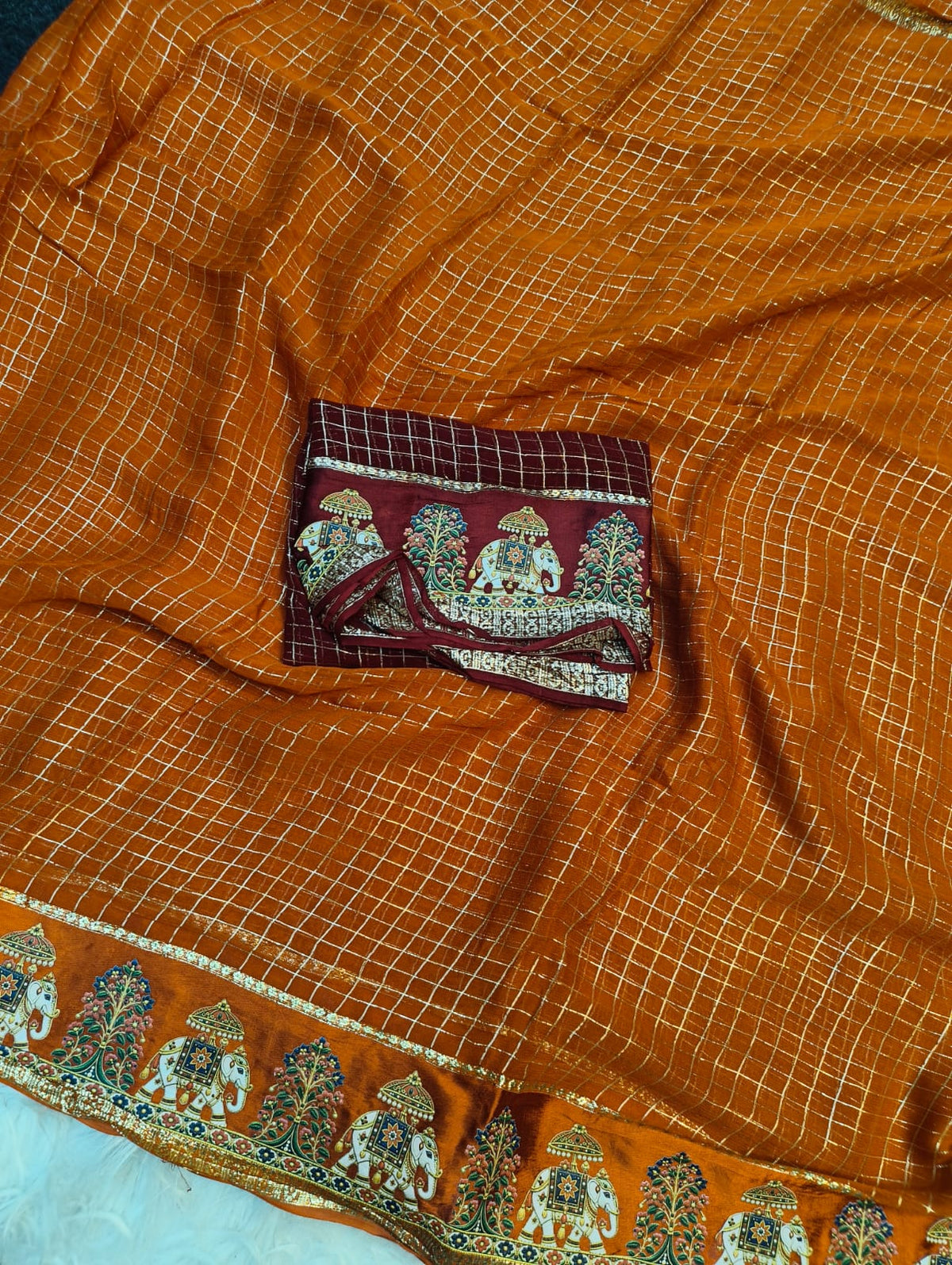 Budget viscose check with satin border golden zari white elephant saree