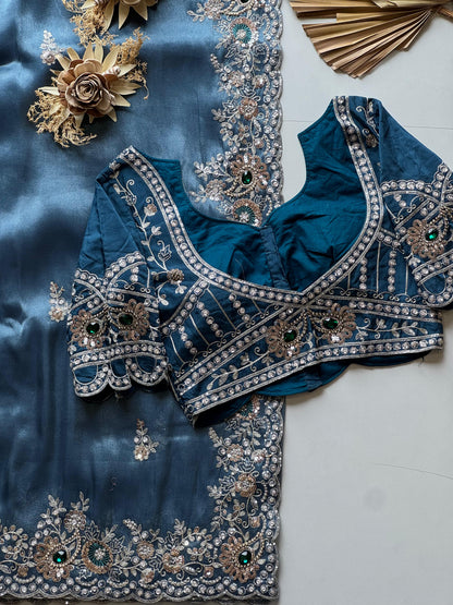 Cocktail  Ocean blue luxe Saree with stitched blouse