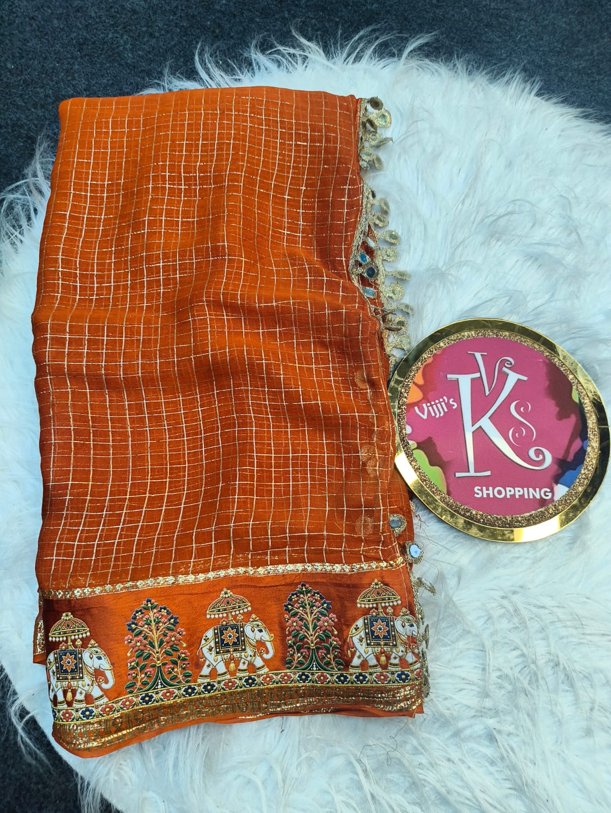 Budget viscose check with satin border golden zari white elephant saree