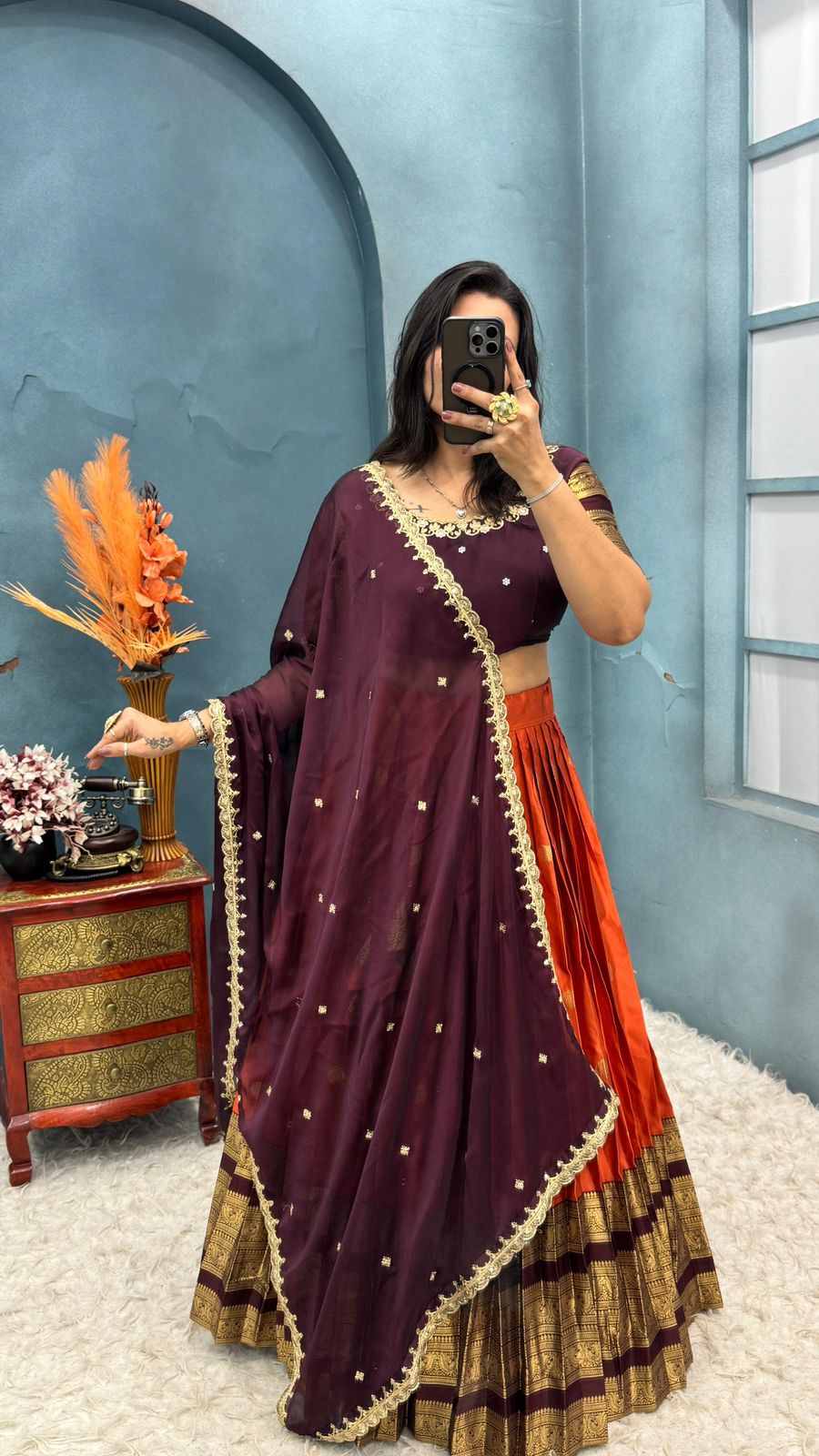 Kanchipuram Orange Trendy Aesthetic Designer Lehenga